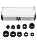 Heavy Duty Steel Bolt Extractor Socket Set 10pc For Gnarly Rusted And Rounded Nuts Fits Standard Ratchets in storage case.