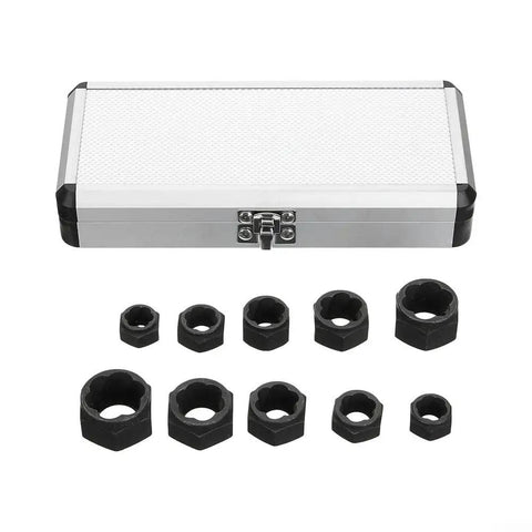 Heavy Duty Steel Bolt Extractor Socket Set 10pc For Gnarly Rusted And Rounded Nuts Fits Standard Ratchets in storage case.