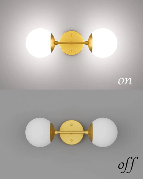 Gold Globe Wall Sconce With Two Lights, Mid Century Modern Globe Wall Light for Living Room in on and off mode, 6000K G9 Bulbs Included.