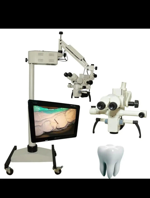 Pro Grade Dental Microscope With Tiltable Head And 5 Step Zoom Full Accessories Kit 24 Inch 4K Display For Sharp No Fuss Visualization And High Magnification Optics For Precise Procedures, on wheeled stand