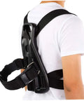 Tank Backpack With Anti Skid Holder For Oxygen Cylinders Dive Tank Bracket on person, showing adjustable black nylon straps