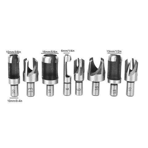 High Carbon Steel Wood Plug Cutter And Dowel Maker Tool Fits Bench Drills And Electric Drills, set of eight bits in various sizes.