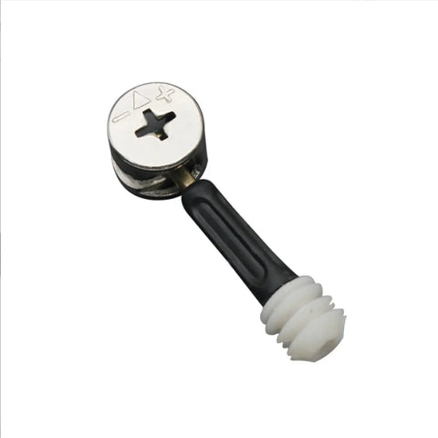 Heavy Duty Aluminum Furniture Connector Kit With Advanced Three In One Screw Design For Quick Wood Tenon Assembly and smooth hinge function, close-up view of a metallic screw with black and white casing.