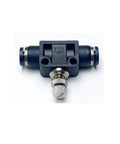 SCF Series One Eighth Inch In Line Pneumatic Air Flow Control Valve Union Speed Controller Pack Of Two For One Eighth Inch Tubing Durable PBT Plastic And Nickel Plated Copper Construction showing front view with adjustment knob