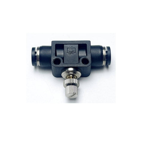 SCF Series One Eighth Inch In Line Pneumatic Air Flow Control Valve Union Speed Controller Pack Of Two For One Eighth Inch Tubing Durable PBT Plastic And Nickel Plated Copper Construction showing front view with adjustment knob