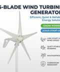 1200W Wind Power Generator Kit With 12V 24V Start 2.5 Meters Per Second Turbine Easy Install Charging Controller DC 27 To 54V For Home Farm Factory RV Boats Warehouse And Camps Off Grid Wind Turbine System showing 5-blade design.