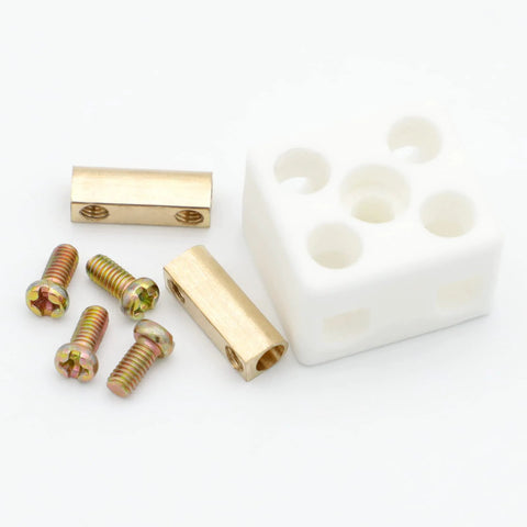 2‑way porcelain ceramic terminal blocks with brass screws, 5 pieces for electrical wiring setup