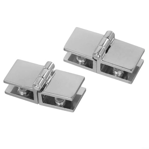 Beefy Zinc Alloy Glass Door Hinge Clamp Set For 5 To 8mm Panels, 2 pieces, silver finish, shown flat with hinge detail