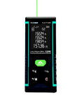 Hella Sharp Green Laser Distance Meter Hardcore Long Range Measuring Tool For Outdoor And Indoor Jobs Featuring Area Volume Calculations And Dead On Millimeter Accuracy displaying measurements on screen.