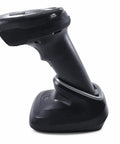 Side view of Wireless Bluetooth Barcode Scanner With 1D And 2D Imager Omnidirectional Scan on cradle, twilight black finish