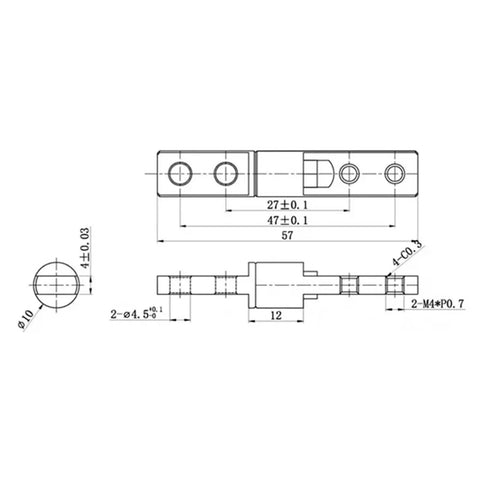 Technical drawing of Constant Torque Position Control Hinge 10x57mm Concealed Damping Hinge With Rotary Shaft 1 Piece 3.0 Nm Torque