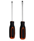 Heavy Duty Chrome Vanadium Screwdriver Set With Magnetized Tips And Ergonomic Torque Handles For Comfort And Longevity Includes Phillips Size Two And Slotted Quarter Inch Drivers For Quick Pro Style Repairs On The Job, showing two screwdrivers with black and orange handles