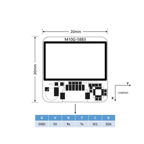 Diagram of M10G-5883 GPS Module With Compass QMC5883L for FPV Drones, Robotics and Boats, showing dimensions and connections