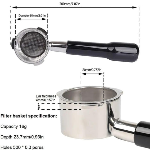 51mm Bottomless Portafilter For Home Espresso Machines With 3 Ear Prongs, 4mm Thickness, Stainless Steel Filter Basket Included