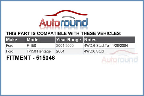 Compatibility chart for Front Wheel Hub Bearing Assembly For 4x4 Ford F150 2004 2005 6 Lug With ABS, Replacement 515046.