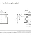 Technical drawing of Four Pack SBR16UU Open Sliding Bearing Blocks For 16mm Linear Motion Shafts And CNC Rails, front and side views