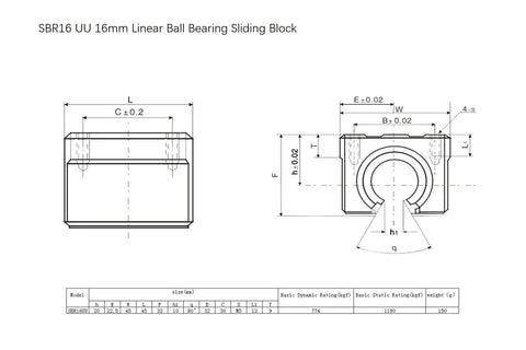 Technical drawing of Four Pack SBR16UU Open Sliding Bearing Blocks For 16mm Linear Motion Shafts And CNC Rails, front and side views
