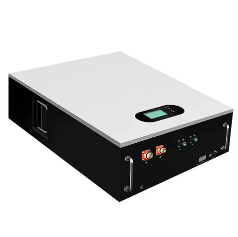 Smart Touch Display 51.2V 100Ah Lithium Ion Battery with smart monitor and handles for easy installation.