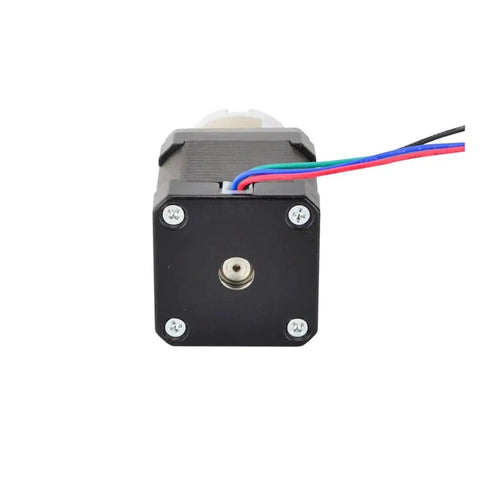 Geared Nema 17 Stepper Motor With 5 To 1 Planetary Gearbox High Torque And Precise Positioning 1.68A Rated Self Locking At Power Down Smooth Low Speed Control For CNC 3D Printer And Robotic Projects front view with wires