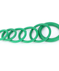 Green O-rings from 270 Pcs O Ring Kit With 18 Size Assortment High Temperature Buna N Rubber Gaskets For Automotive, Plumbing, Pneumatic, Pressure Washer And Gas Sealing, Leak Proof Seals For Faucets, Machinery, And More displayed in a line.