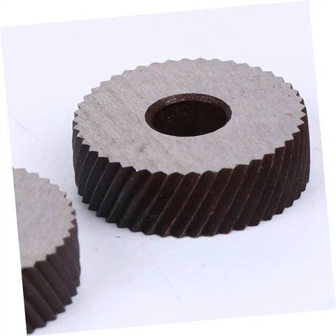 4Pcs Beefy High Strength Diagonal Replacement Knurling Wheel Set For Surface Texturing showing a coarse steel knurling wheel