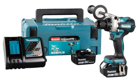 Built Different 18 Volt Cordless Drill Driver Kit With Hard Case Two Batteries Fast Charger Compact Brushless Motor showing drill, charger, and batteries.