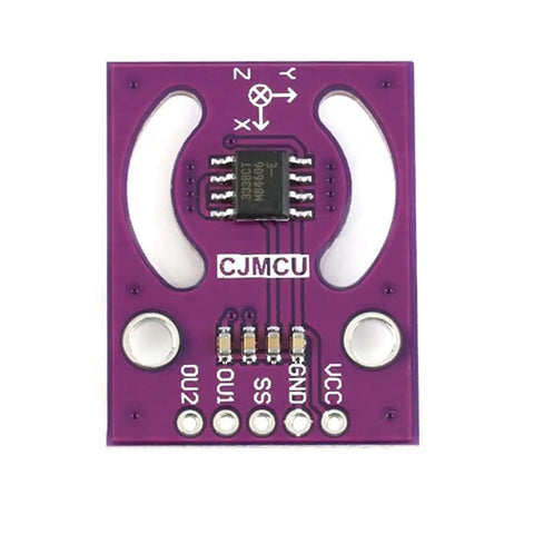3D Joystick Absolute Position Sensor Module With SPI Output, MLX90333 Based, purple circuit board with pins