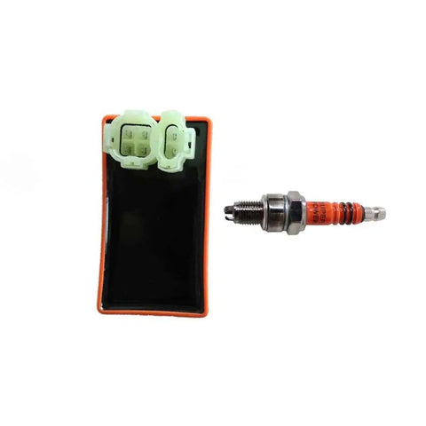 Racing 6 Pins AC CDI Box With Ignition Coil And 3 Electrode Spark Plug Kit for scooters, ATVs, Go Karts, and dirt bikes.