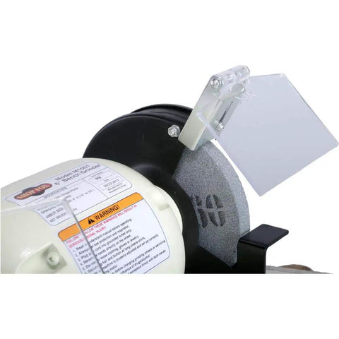 Close-up of 6 Inch Bench Grinder Model M1051 with safety shield, featuring durable cast iron body and grinding wheel
