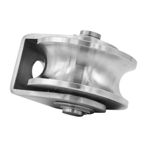 Rock Solid Badass Heavy Duty Groove Wheel Pulley Block crafted from Bombproof 304 Stainless Steel, showing side view and bearing details.