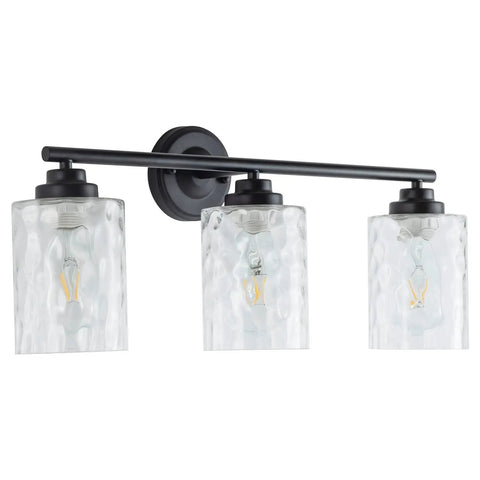 Go To Modern Matte Black Vanity Light Fixtures 24 Inch Three Light Hammered Glass Industrial Sconces For Bath Mirror Makeup Desk Living Room Kitchen Porch Hallway Hotel, featuring three hammered glass shades.