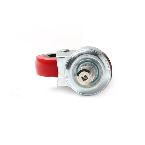 Heavy Duty 12 Pack Low Profile 2 Inch Polyurethane Caster Wheels With 360 Degree Swivel And Threaded Post Mount Garage Certified Rig Upgrade Ride Silky On Concrete Floors Daily - close-up view of a single caster wheel with red polyurethane tread.