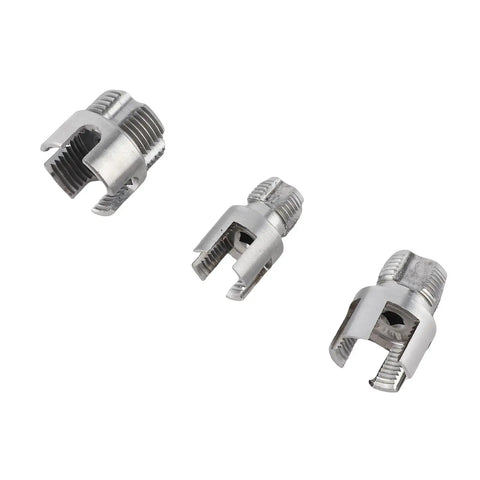 Set of three heavy duty electric drill pipe threader adapters for internal and external threading on pipes.