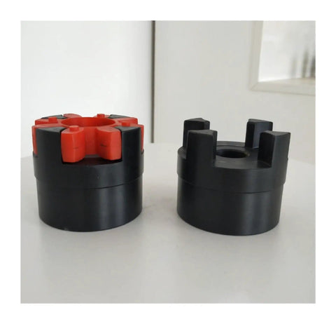 XL Star Type Jaw Coupling With Shock Absorbing Rubber Spider Center Built Like A Tank For Heavy Duty Motor Drives, shown in black and red.