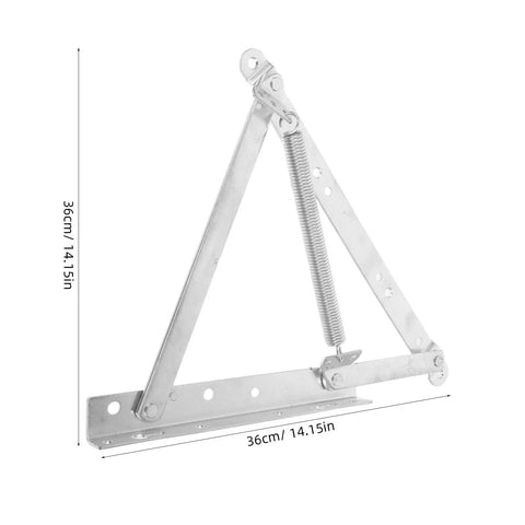 Close-up of 2 Pack Triangular Spring Lift Up Hinges For Sofa Beds And Furniture, Hot Rolled Steel In Silver Color, showing dimensions.