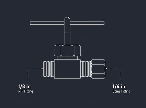 Front view of brass lead-free 1/4 in compression x 1/8 in MIP straight needle valve with T-handle