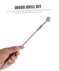Woodworking drill bit on a long steel rod with a flat-boring head, held in hand