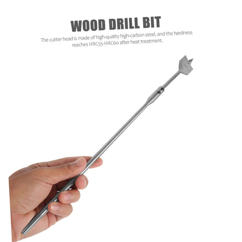 Woodworking drill bit on a long steel rod with a flat-boring head, held in hand