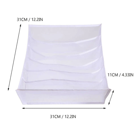 Three Piece Foldable Closet Organizer Bins With Adjustable Drawer Dividers For Socks Undies And Lingerie, white fabric, 31cm x 11cm.