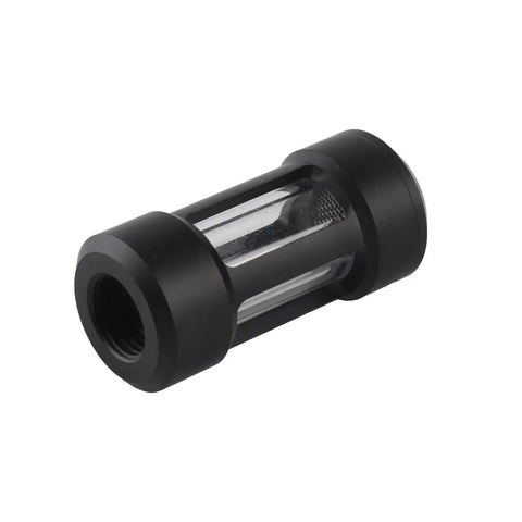 Brass And Acrylic Water Cooling Filter With Four Clear Windows For Pc Build G1/4 Threads, showing a compact unit with black ends.