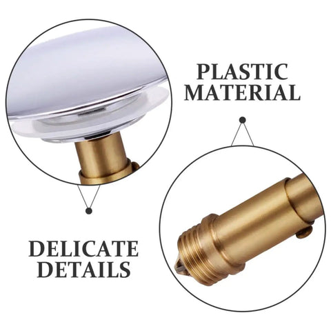 Copper Bathtub Drain Stopper with Bounce Design for Easy Control close-up showing plastic material and delicate details.
