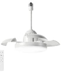 Small Ceiling Fan with Retractable Blades and Light, Remote Control, Indoor, featuring compact design and remote.