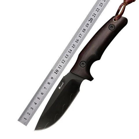 Fixed Blade Knife With Rosewood Handle And Leather Sheath For Outdoor Use VG10 Steel Blade 3.74 Inch with ruler for scale