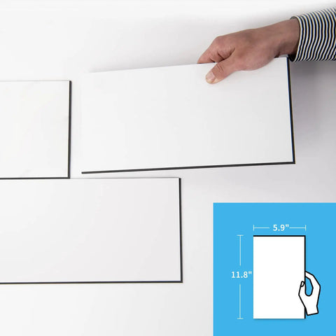 White Peel And Stick Backsplash Panels For Kitchen And Bathroom Waterproof Self Adhesive Subway Tiles DIY Friendly Large 5.9 X 11.8 Inch Easy Install 22 Piece Set Covers 10.63 Sq Ft shown in hand and size diagram of 5.9 by 11.8 inches.