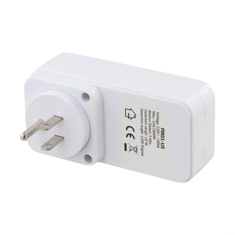 PIR Infrared Motion Sensor Outlet 110V 1800W Auto On Off Switch For Garage Hallway Living Room White ABS Receptacle No Brainer For Security Light Control And Energy Saving Home Automation, angled view with label