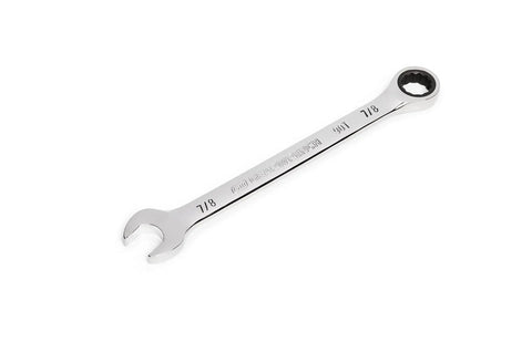 Heavy Duty 7/8 Inch 4 Degree Swing Arc 12 Point Ratcheting Combination Wrench showing open-end and box-end detail.
