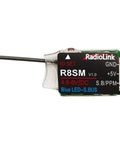 Close-up of R8SM 2.4 GHz 8 Channel Mini Receiver for FPV Drones with SBUS PPM featuring model details and connections.