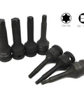 Essential 7-Piece Star Bit Socket Set With 3/8 Drive Includes T20 Through T60 For Tough Auto Repair Jobs And Home Mechanics Looking To Rock A Reliable Tools Kit. 3/8 drive black oxide T20-T60 star bit sockets