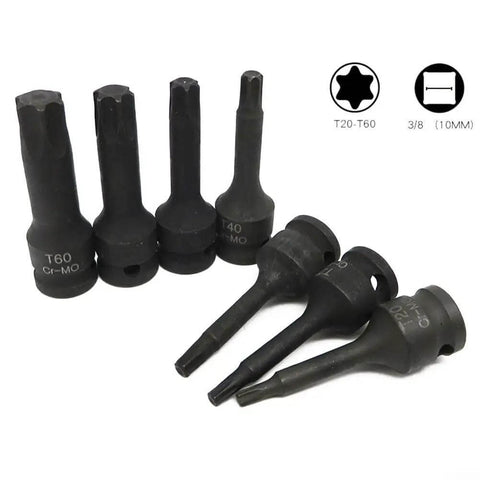Essential 7-Piece Star Bit Socket Set With 3/8 Drive Includes T20 Through T60 For Tough Auto Repair Jobs And Home Mechanics Looking To Rock A Reliable Tools Kit. 3/8 drive black oxide T20-T60 star bit sockets