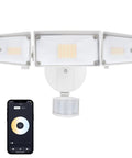 Smart Outdoor LED Flood Light 64W, 3-Head Tunable White 2700K-6500K, 5000LM, Motion Sensor with WiFi control app display